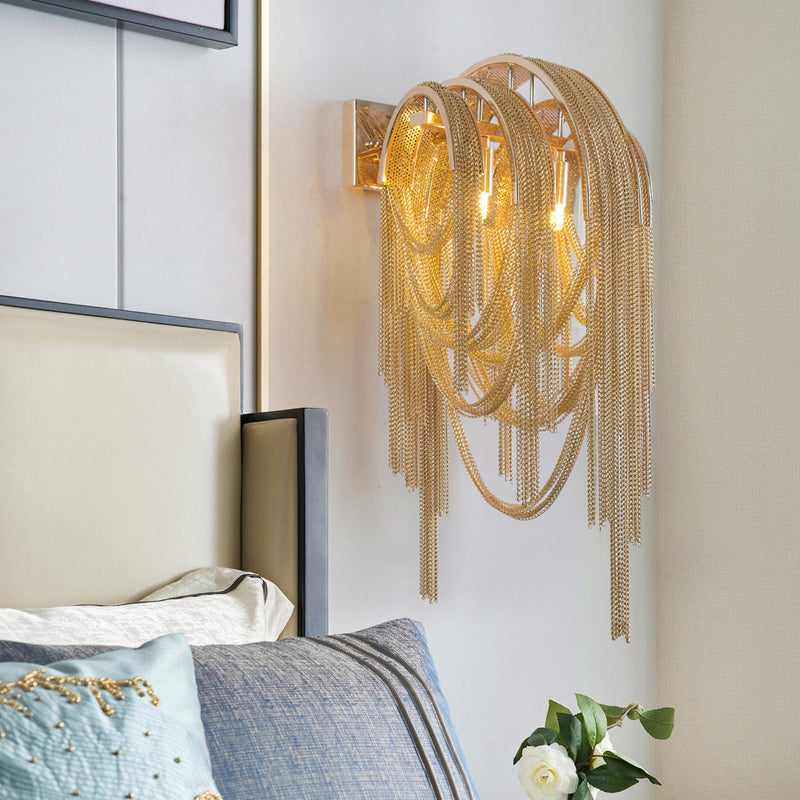 Gold/Silver Stacked Tassel Wall Lamp Mid Century 2 Bulbs Metallic Sconce Light Fixture for Hotel Clearhalo 'Cast Iron' 'Glass' 'Industrial' 'Modern wall lights' 'Modern' 'Tiffany' 'Traditional wall lights' 'Wall Lamps & Sconces' 'Wall Lights' Lighting' 1789460