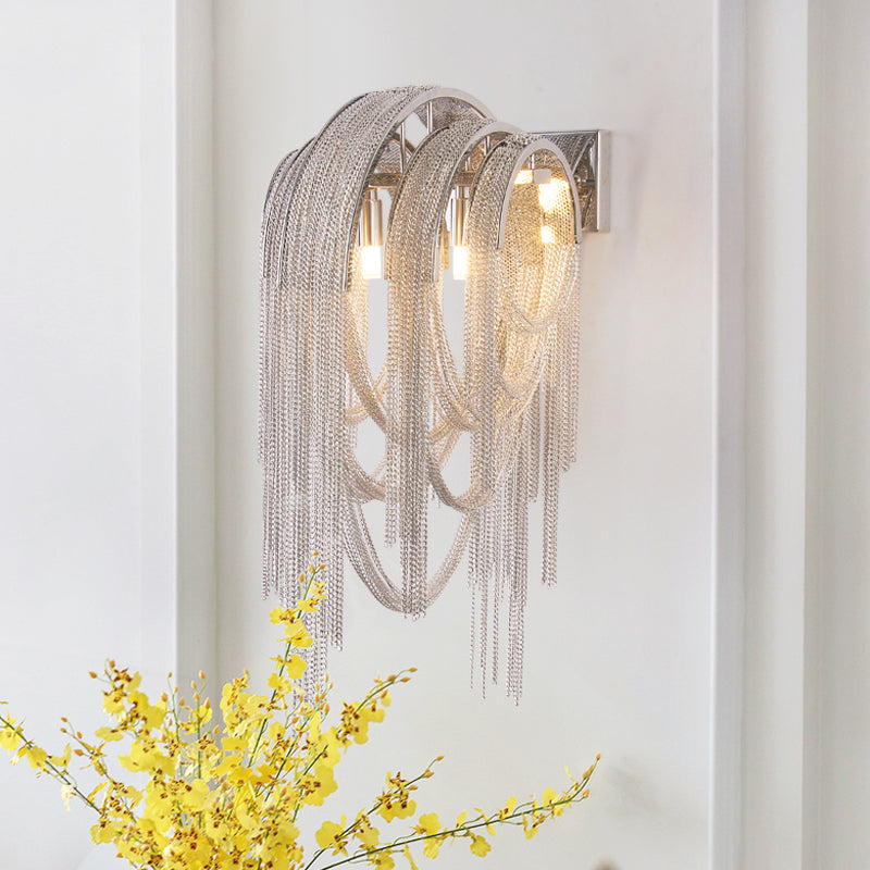 Gold/Silver Stacked Tassel Wall Lamp Mid Century 2 Bulbs Metallic Sconce Light Fixture for Hotel Silver Clearhalo 'Cast Iron' 'Glass' 'Industrial' 'Modern wall lights' 'Modern' 'Tiffany' 'Traditional wall lights' 'Wall Lamps & Sconces' 'Wall Lights' Lighting' 1789463