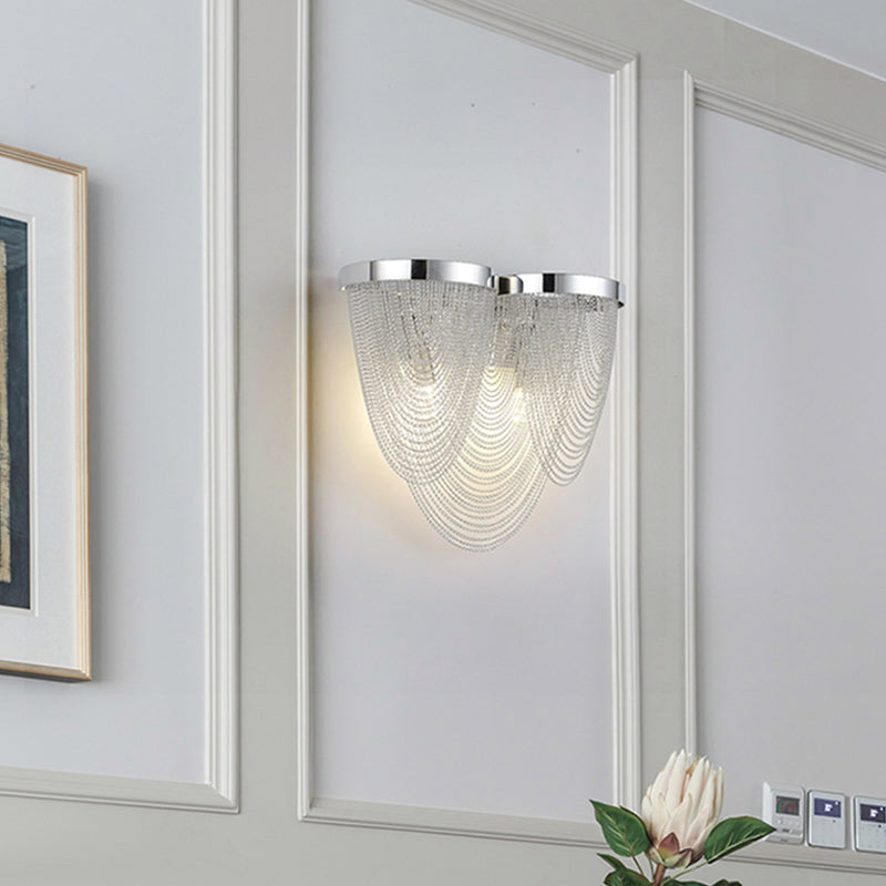 Silver Rippling Tassel Chain Wall Light Modern Vogue 2-Bulb Aluminum Sconce Lighting for Sitting Room Clearhalo 'Cast Iron' 'Glass' 'Industrial' 'Modern wall lights' 'Modern' 'Tiffany' 'Traditional wall lights' 'Wall Lamps & Sconces' 'Wall Lights' Lighting' 1789469