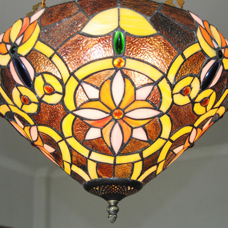Umbrella Shade Pendant Lamp with Flower 3 Lights Tiffany Ornate Stained Glass Chandelier in Brown/Pink for Cafe Clearhalo 'Ceiling Lights' 'Chandeliers' 'Close To Ceiling Lights' 'Industrial' 'Middle Century Chandeliers' 'Tiffany Chandeliers' 'Tiffany close to ceiling' 'Tiffany' Lighting' 178947