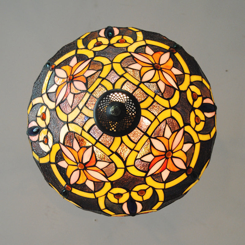 Umbrella Shade Pendant Lamp with Flower 3 Lights Tiffany Ornate Stained Glass Chandelier in Brown/Pink for Cafe Clearhalo 'Ceiling Lights' 'Chandeliers' 'Close To Ceiling Lights' 'Industrial' 'Middle Century Chandeliers' 'Tiffany Chandeliers' 'Tiffany close to ceiling' 'Tiffany' Lighting' 178948