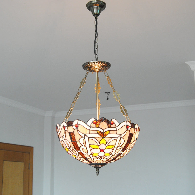 Umbrella Shade Pendant Lamp with Flower 3 Lights Tiffany Ornate Stained Glass Chandelier in Brown/Pink for Cafe Pink Clearhalo 'Ceiling Lights' 'Chandeliers' 'Close To Ceiling Lights' 'Industrial' 'Middle Century Chandeliers' 'Tiffany Chandeliers' 'Tiffany close to ceiling' 'Tiffany' Lighting' 178949