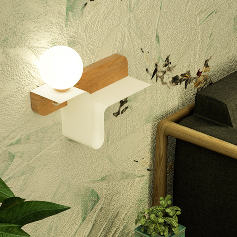 Orb Opal Frosted Glass Sconce Ideas Nordic 1 Bulb White-Wood Wall Mounted Lamp with Shelf, Left/Right Clearhalo 'Modern wall lights' 'Modern' 'Wall Lamps & Sconces' 'Wall Lights' Lighting' 1789497