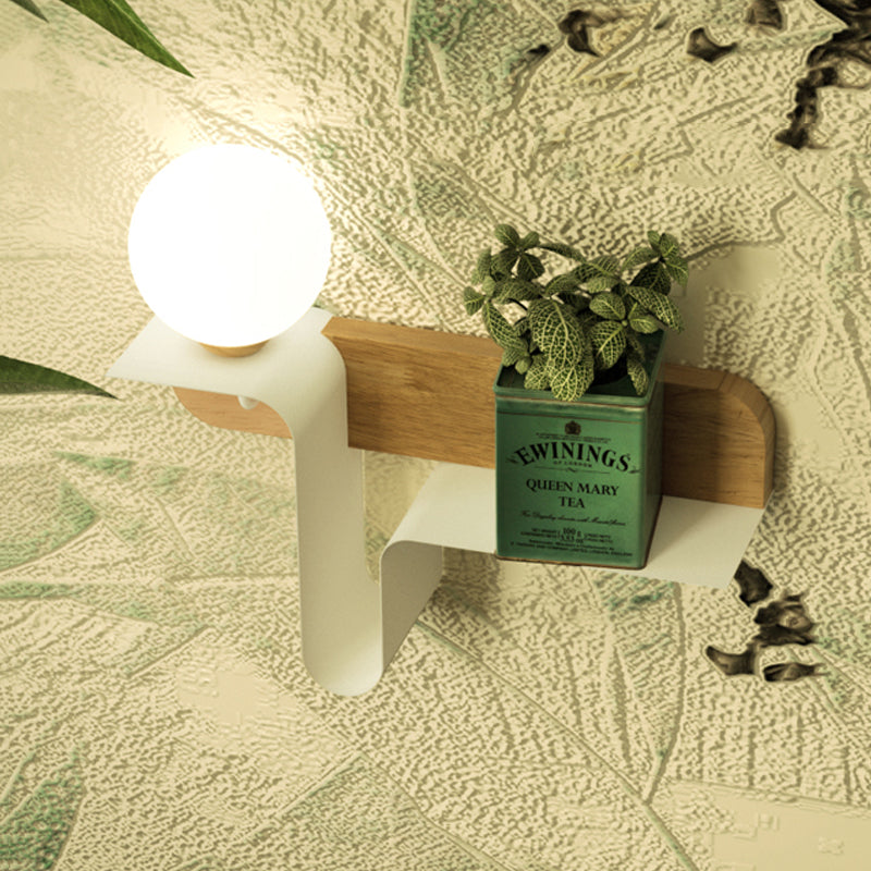 Orb Opal Frosted Glass Sconce Ideas Nordic 1 Bulb White-Wood Wall Mounted Lamp with Shelf, Left/Right White Left Clearhalo 'Modern wall lights' 'Modern' 'Wall Lamps & Sconces' 'Wall Lights' Lighting' 1789498