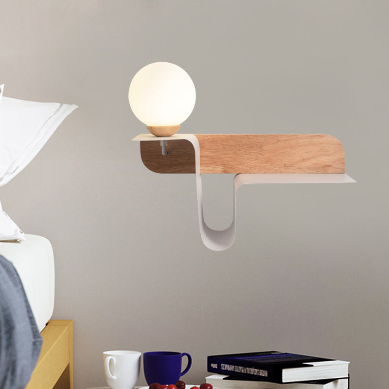 Orb Opal Frosted Glass Sconce Ideas Nordic 1 Bulb White-Wood Wall Mounted Lamp with Shelf, Left/Right Clearhalo 'Modern wall lights' 'Modern' 'Wall Lamps & Sconces' 'Wall Lights' Lighting' 1789499