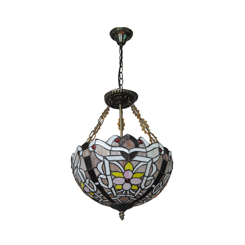 Umbrella Shade Pendant Lamp with Flower 3 Lights Tiffany Ornate Stained Glass Chandelier in Brown/Pink for Cafe Clearhalo 'Ceiling Lights' 'Chandeliers' 'Close To Ceiling Lights' 'Industrial' 'Middle Century Chandeliers' 'Tiffany Chandeliers' 'Tiffany close to ceiling' 'Tiffany' Lighting' 178950