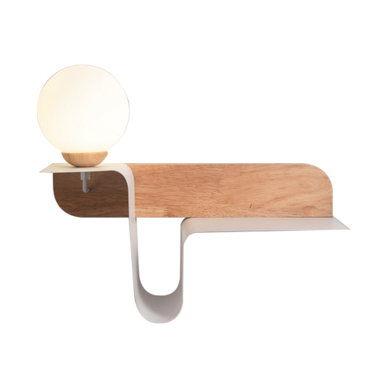 Orb Opal Frosted Glass Sconce Ideas Nordic 1 Bulb White-Wood Wall Mounted Lamp with Shelf, Left/Right Clearhalo 'Modern wall lights' 'Modern' 'Wall Lamps & Sconces' 'Wall Lights' Lighting' 1789500