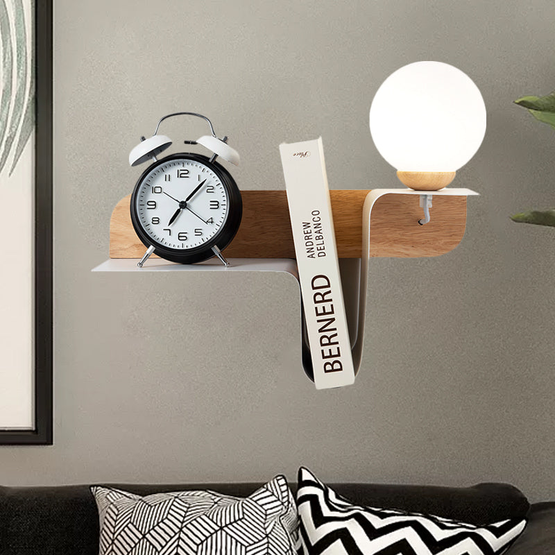 Orb Opal Frosted Glass Sconce Ideas Nordic 1 Bulb White-Wood Wall Mounted Lamp with Shelf, Left/Right White Right Clearhalo 'Modern wall lights' 'Modern' 'Wall Lamps & Sconces' 'Wall Lights' Lighting' 1789502
