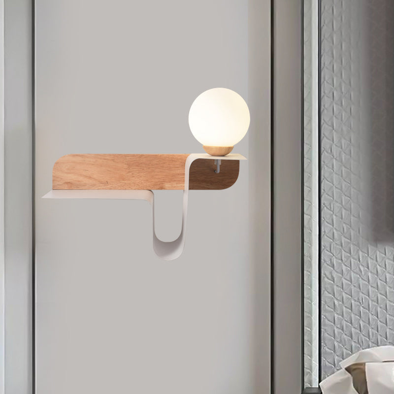 Orb Opal Frosted Glass Sconce Ideas Nordic 1 Bulb White-Wood Wall Mounted Lamp with Shelf, Left/Right Clearhalo 'Modern wall lights' 'Modern' 'Wall Lamps & Sconces' 'Wall Lights' Lighting' 1789503