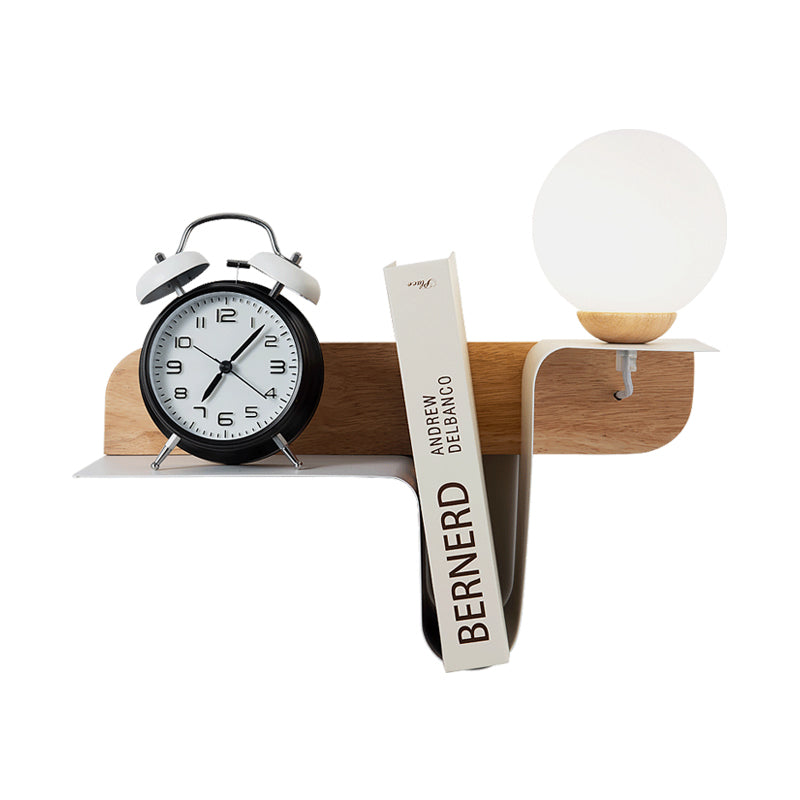 Orb Opal Frosted Glass Sconce Ideas Nordic 1 Bulb White-Wood Wall Mounted Lamp with Shelf, Left/Right Clearhalo 'Modern wall lights' 'Modern' 'Wall Lamps & Sconces' 'Wall Lights' Lighting' 1789504