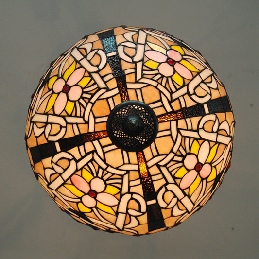 Umbrella Shade Pendant Lamp with Flower 3 Lights Tiffany Ornate Stained Glass Chandelier in Brown/Pink for Cafe Clearhalo 'Ceiling Lights' 'Chandeliers' 'Close To Ceiling Lights' 'Industrial' 'Middle Century Chandeliers' 'Tiffany Chandeliers' 'Tiffany close to ceiling' 'Tiffany' Lighting' 178951