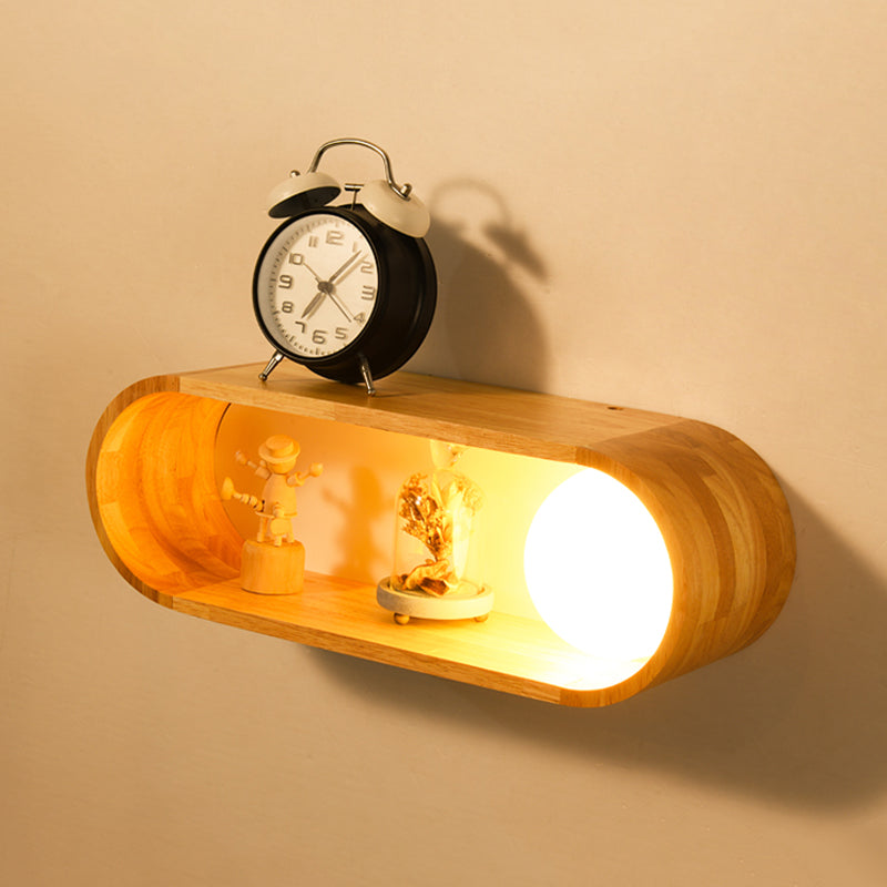 Fillet/Right Angle Rectangle Wall Lamp Nordic Wood 1 Head Bedside Flush Mount Wall Sconce with Rack Function Clearhalo 'Modern wall lights' 'Modern' 'Wall Lamps & Sconces' 'Wall Lights' Lighting' 1789524