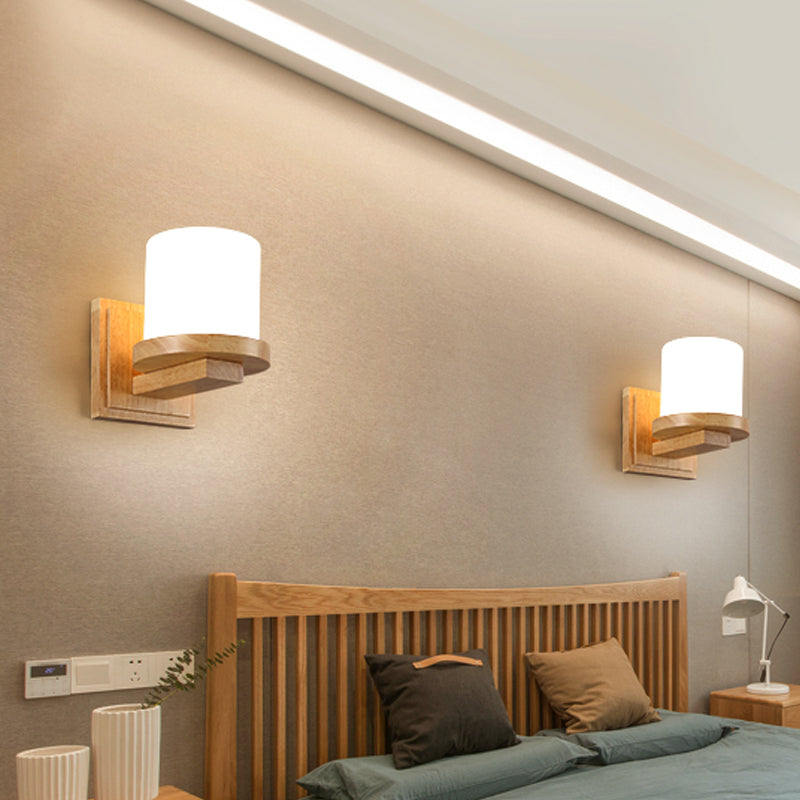 Nordic Pillar Opal Matte Glass Wall Lamp 1-Light Sconce Light Fixture with Wood Arm Clearhalo 'Modern wall lights' 'Modern' 'Wall Lamps & Sconces' 'Wall Lights' Lighting' 1789531
