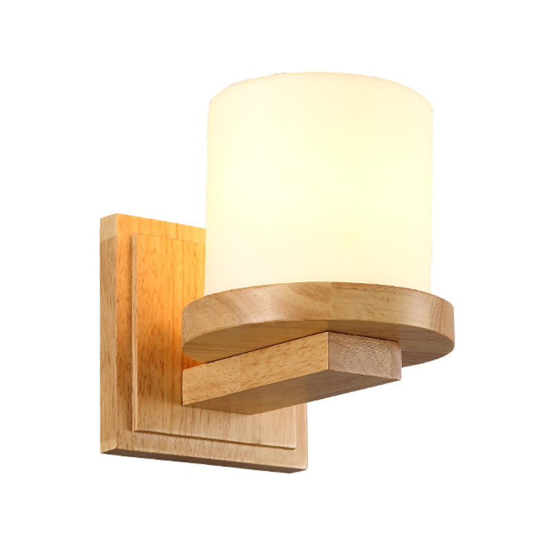 Nordic Pillar Opal Matte Glass Wall Lamp 1-Light Sconce Light Fixture with Wood Arm Clearhalo 'Modern wall lights' 'Modern' 'Wall Lamps & Sconces' 'Wall Lights' Lighting' 1789533
