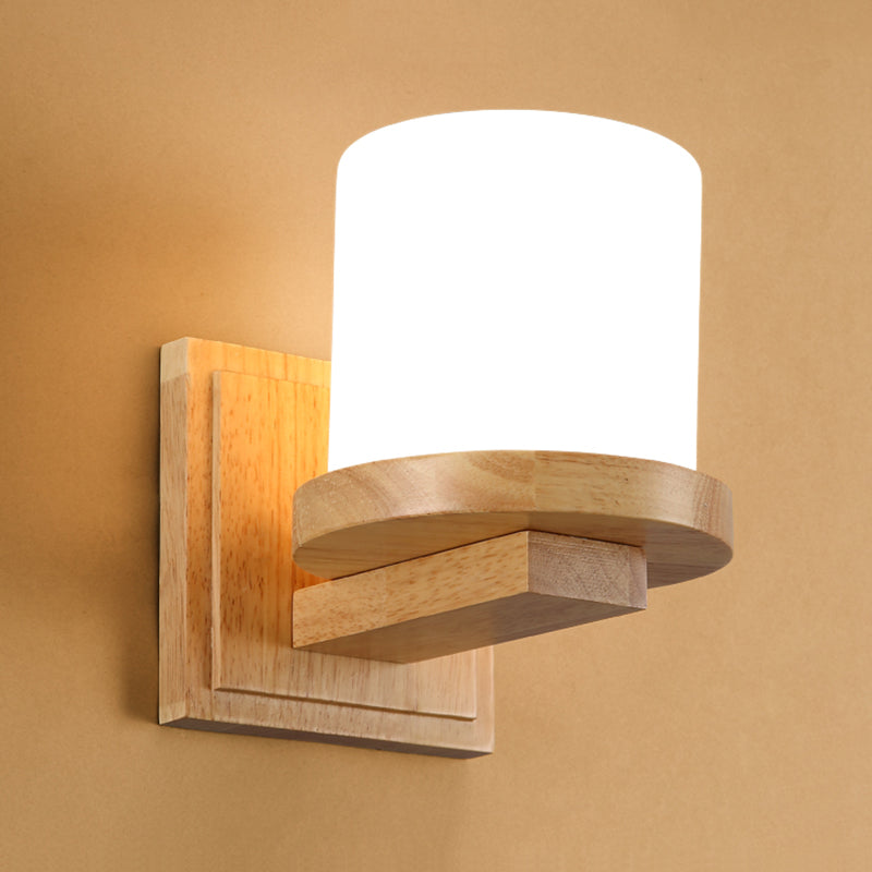 Nordic Pillar Opal Matte Glass Wall Lamp 1-Light Sconce Light Fixture with Wood Arm Clearhalo 'Modern wall lights' 'Modern' 'Wall Lamps & Sconces' 'Wall Lights' Lighting' 1789534