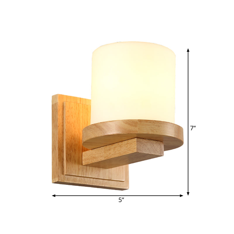Nordic Pillar Opal Matte Glass Wall Lamp 1-Light Sconce Light Fixture with Wood Arm Clearhalo 'Modern wall lights' 'Modern' 'Wall Lamps & Sconces' 'Wall Lights' Lighting' 1789535