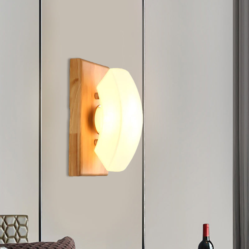 Frosted White Glass Cute Arch Sconce Nordic Single-Blue Wall Light with Wood Backplate Clearhalo 'Modern wall lights' 'Modern' 'Wall Lamps & Sconces' 'Wall Lights' Lighting' 1789536