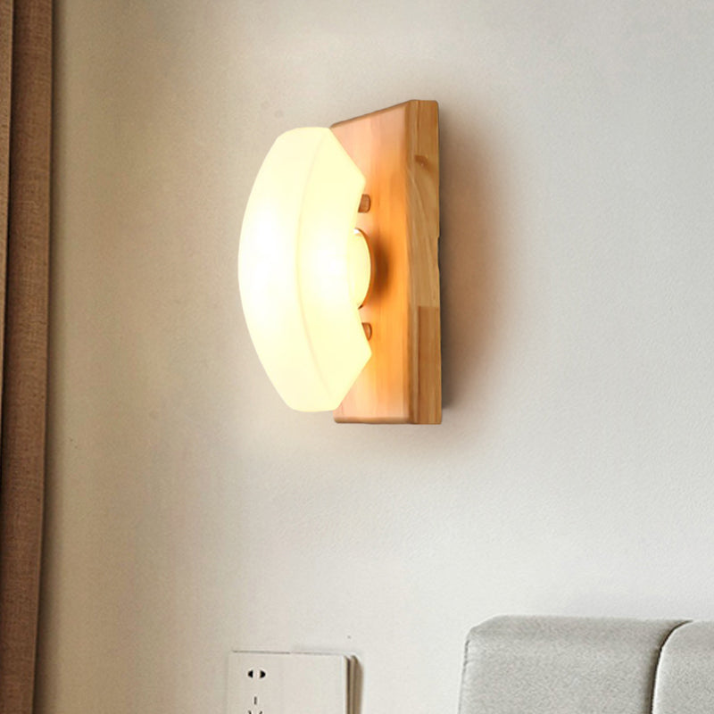 Frosted White Glass Cute Arch Sconce Nordic Single-Blue Wall Light with Wood Backplate Clearhalo 'Modern wall lights' 'Modern' 'Wall Lamps & Sconces' 'Wall Lights' Lighting' 1789538