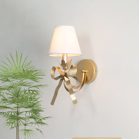 Gold Swag Sconce Lighting Contemporary 1 Bulb Metal Wall Mounted Lamp with Ribbon Decor and Fabric Lampshade Clearhalo 'Cast Iron' 'Glass' 'Industrial' 'Modern wall lights' 'Modern' 'Tiffany' 'Traditional wall lights' 'Wall Lamps & Sconces' 'Wall Lights' Lighting' 1789551