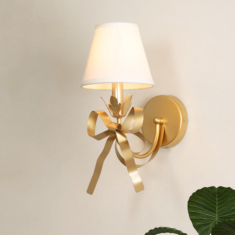 Gold Swag Sconce Lighting Contemporary 1 Bulb Metal Wall Mounted Lamp with Ribbon Decor and Fabric Lampshade Gold Clearhalo 'Cast Iron' 'Glass' 'Industrial' 'Modern wall lights' 'Modern' 'Tiffany' 'Traditional wall lights' 'Wall Lamps & Sconces' 'Wall Lights' Lighting' 1789552