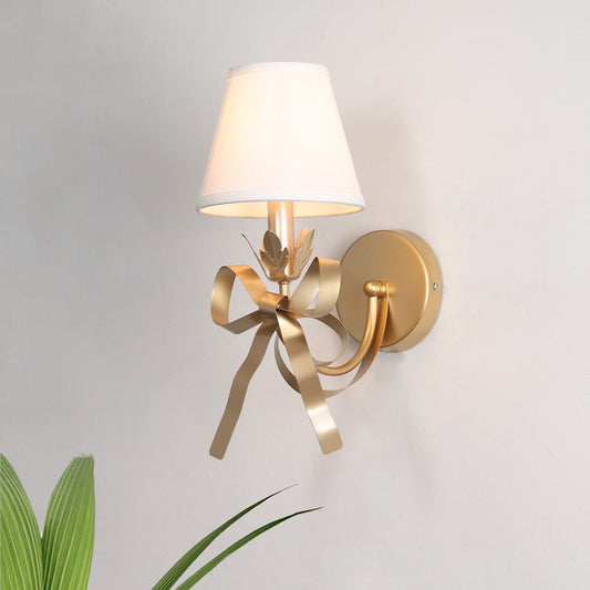 Gold Swag Sconce Lighting Contemporary 1 Bulb Metal Wall Mounted Lamp with Ribbon Decor and Fabric Lampshade Clearhalo 'Cast Iron' 'Glass' 'Industrial' 'Modern wall lights' 'Modern' 'Tiffany' 'Traditional wall lights' 'Wall Lamps & Sconces' 'Wall Lights' Lighting' 1789553