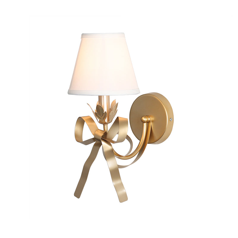 Gold Swag Sconce Lighting Contemporary 1 Bulb Metal Wall Mounted Lamp with Ribbon Decor and Fabric Lampshade Clearhalo 'Cast Iron' 'Glass' 'Industrial' 'Modern wall lights' 'Modern' 'Tiffany' 'Traditional wall lights' 'Wall Lamps & Sconces' 'Wall Lights' Lighting' 1789554