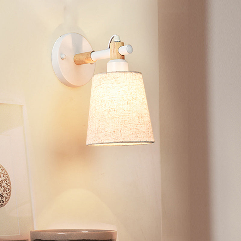 Nordic Horn Shade Fabric Wall Lamp 1-Light Sconce Light Fixture in Black/White with Wood Joint Clearhalo 'Cast Iron' 'Glass' 'Industrial' 'Modern wall lights' 'Modern' 'Tiffany' 'Traditional wall lights' 'Wall Lamps & Sconces' 'Wall Lights' Lighting' 1789556