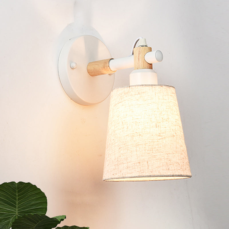 Nordic Horn Shade Fabric Wall Lamp 1-Light Sconce Light Fixture in Black/White with Wood Joint White Clearhalo 'Cast Iron' 'Glass' 'Industrial' 'Modern wall lights' 'Modern' 'Tiffany' 'Traditional wall lights' 'Wall Lamps & Sconces' 'Wall Lights' Lighting' 1789557