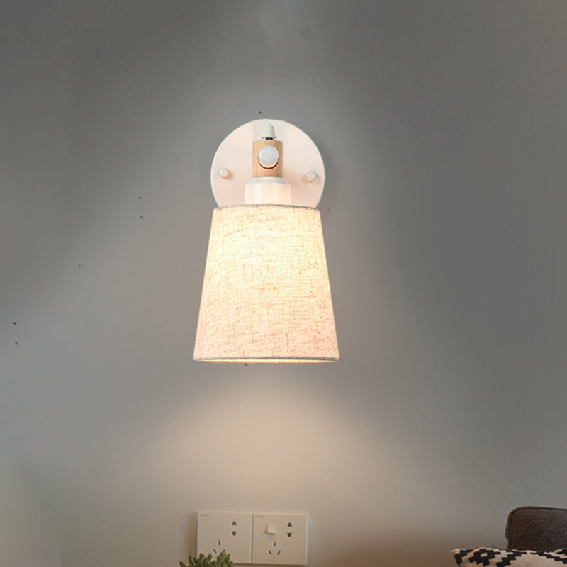 Nordic Horn Shade Fabric Wall Lamp 1-Light Sconce Light Fixture in Black/White with Wood Joint Clearhalo 'Cast Iron' 'Glass' 'Industrial' 'Modern wall lights' 'Modern' 'Tiffany' 'Traditional wall lights' 'Wall Lamps & Sconces' 'Wall Lights' Lighting' 1789558