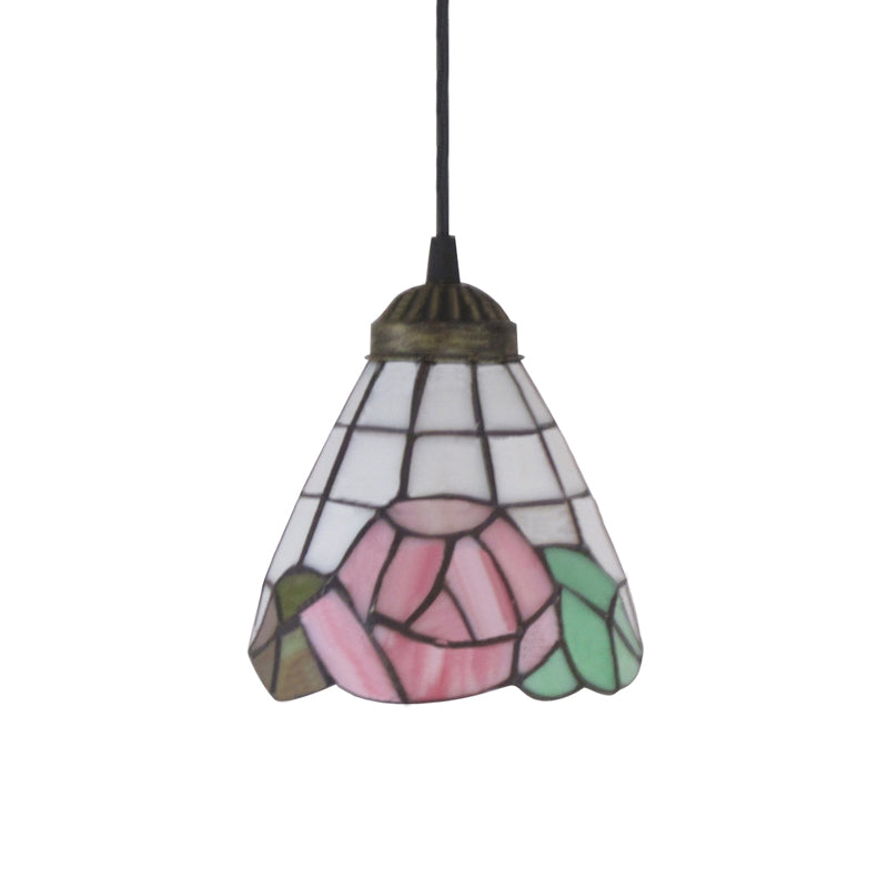Pink Stained Art Glass Pendant Lighting Cone 1 Head Tiffany-Style Hanging Light Fixture Clearhalo 'Ceiling Lights' 'Close To Ceiling Lights' 'Glass shade' 'Glass' 'Industrial' 'Middle Century Pendants' 'Pendant Lights' 'Pendants' 'Tiffany close to ceiling' 'Tiffany Pendants' 'Tiffany' Lighting' 178956