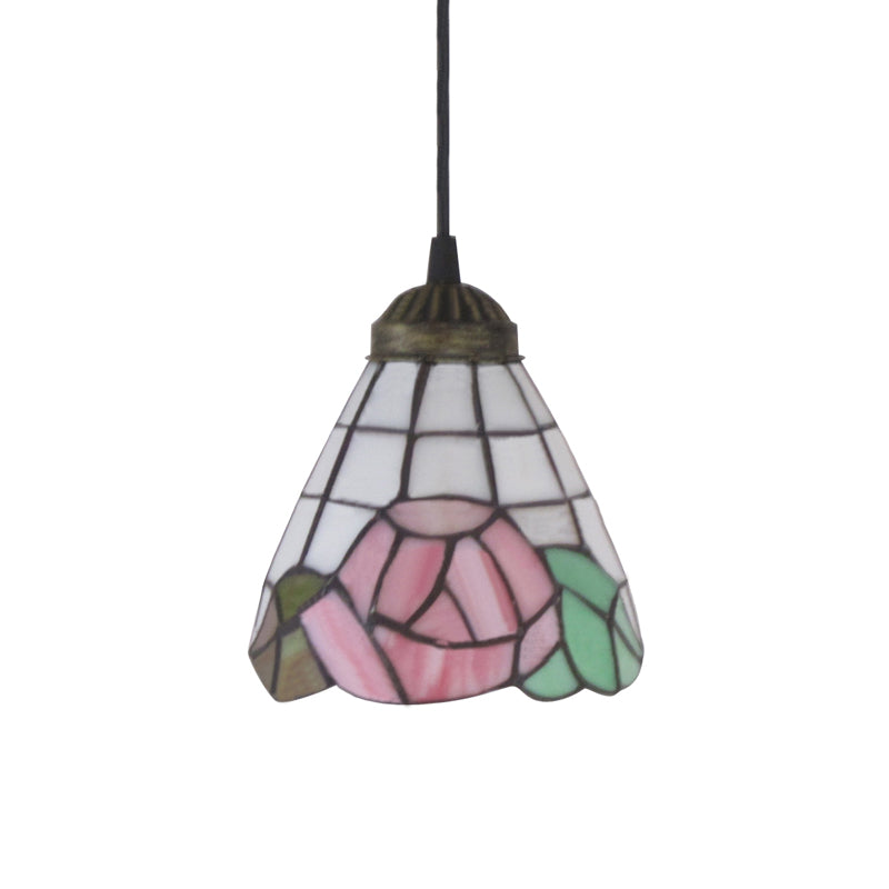 Pink Stained Art Glass Pendant Lighting Cone 1 Head Tiffany-Style Hanging Light Fixture Clearhalo 'Ceiling Lights' 'Close To Ceiling Lights' 'Glass shade' 'Glass' 'Industrial' 'Middle Century Pendants' 'Pendant Lights' 'Pendants' 'Tiffany close to ceiling' 'Tiffany Pendants' 'Tiffany' Lighting' 178956