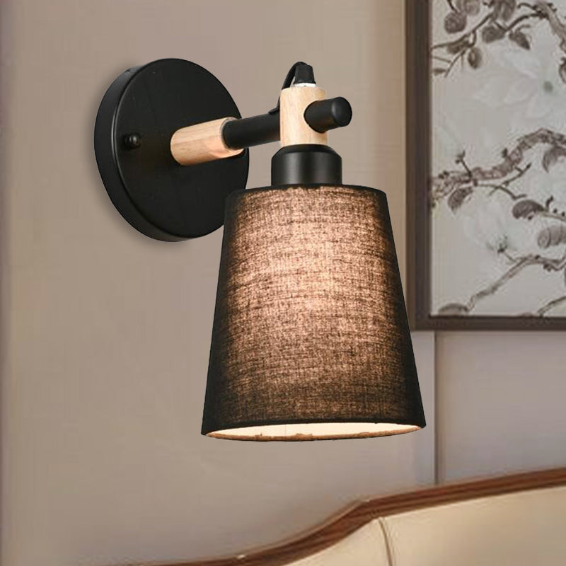 Nordic Horn Shade Fabric Wall Lamp 1-Light Sconce Light Fixture in Black/White with Wood Joint Black Clearhalo 'Cast Iron' 'Glass' 'Industrial' 'Modern wall lights' 'Modern' 'Tiffany' 'Traditional wall lights' 'Wall Lamps & Sconces' 'Wall Lights' Lighting' 1789561