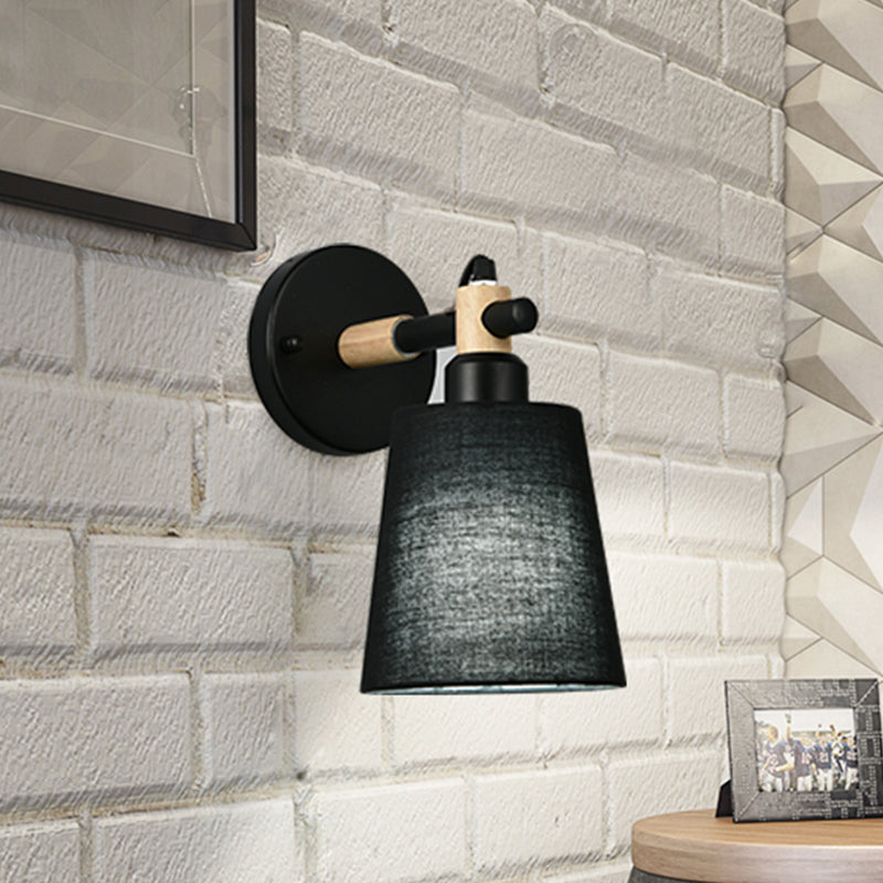 Nordic Horn Shade Fabric Wall Lamp 1-Light Sconce Light Fixture in Black/White with Wood Joint Clearhalo 'Cast Iron' 'Glass' 'Industrial' 'Modern wall lights' 'Modern' 'Tiffany' 'Traditional wall lights' 'Wall Lamps & Sconces' 'Wall Lights' Lighting' 1789562