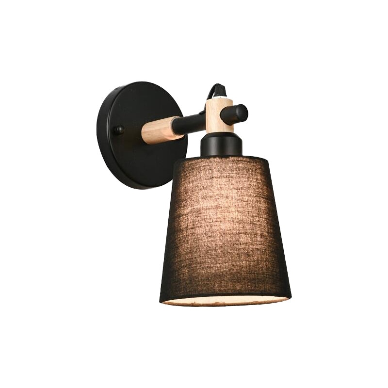 Nordic Horn Shade Fabric Wall Lamp 1-Light Sconce Light Fixture in Black/White with Wood Joint Clearhalo 'Cast Iron' 'Glass' 'Industrial' 'Modern wall lights' 'Modern' 'Tiffany' 'Traditional wall lights' 'Wall Lamps & Sconces' 'Wall Lights' Lighting' 1789564