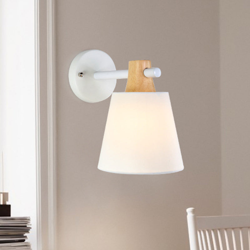 Conical Wall Light Fixture Macaron Fabric 1 Head Blue/White/Yellow Sconce Ideas with Straight Arm and Wood Lock Clearhalo 'Modern wall lights' 'Modern' 'Wall Lamps & Sconces' 'Wall Lights' Lighting' 1789565