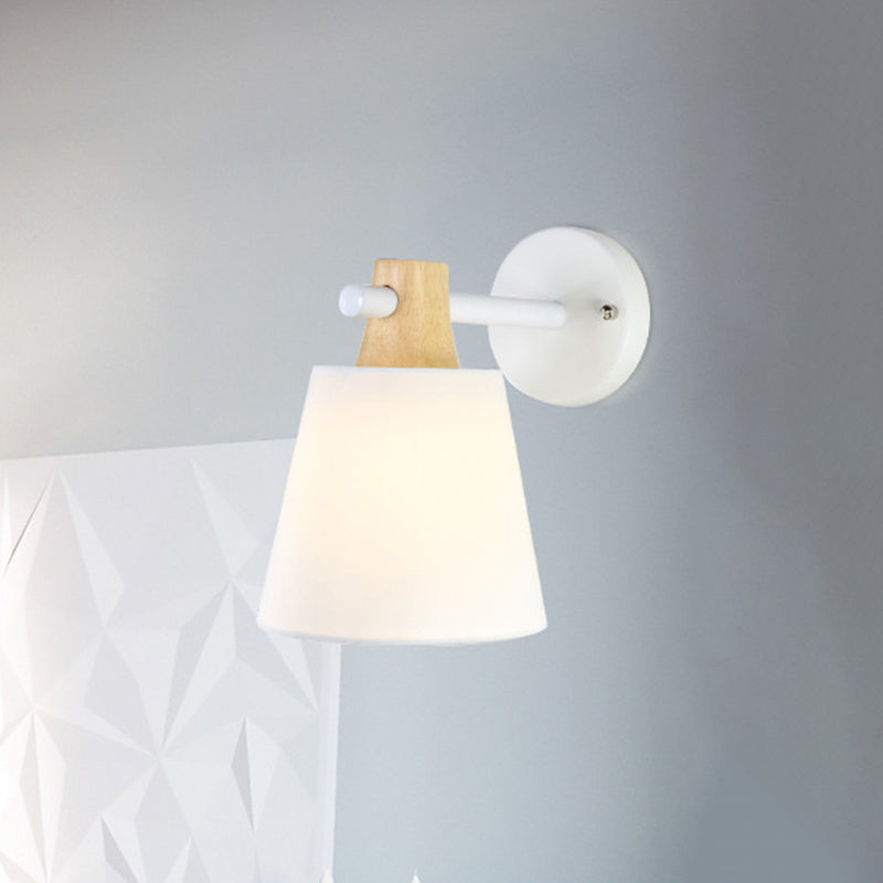 Conical Wall Light Fixture Macaron Fabric 1 Head Blue/White/Yellow Sconce Ideas with Straight Arm and Wood Lock Clearhalo 'Modern wall lights' 'Modern' 'Wall Lamps & Sconces' 'Wall Lights' Lighting' 1789567