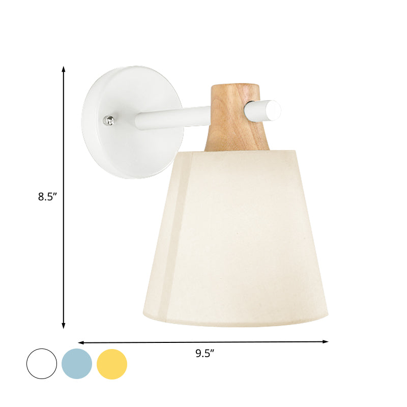Conical Wall Light Fixture Macaron Fabric 1 Head Blue/White/Yellow Sconce Ideas with Straight Arm and Wood Lock Clearhalo 'Modern wall lights' 'Modern' 'Wall Lamps & Sconces' 'Wall Lights' Lighting' 1789569