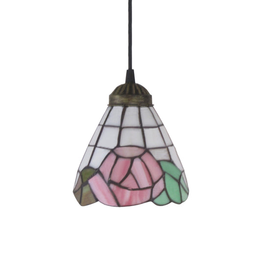 Pink Stained Art Glass Pendant Lighting Cone 1 Head Tiffany-Style Hanging Light Fixture Clearhalo 'Ceiling Lights' 'Close To Ceiling Lights' 'Glass shade' 'Glass' 'Industrial' 'Middle Century Pendants' 'Pendant Lights' 'Pendants' 'Tiffany close to ceiling' 'Tiffany Pendants' 'Tiffany' Lighting' 178956