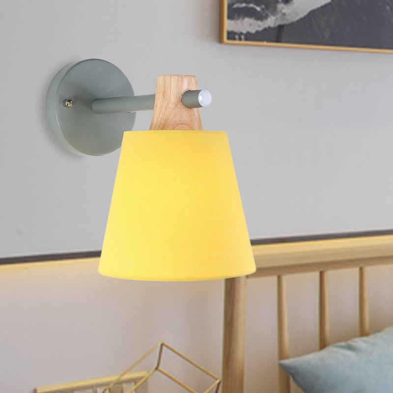 Conical Wall Light Fixture Macaron Fabric 1 Head Blue/White/Yellow Sconce Ideas with Straight Arm and Wood Lock Yellow Clearhalo 'Modern wall lights' 'Modern' 'Wall Lamps & Sconces' 'Wall Lights' Lighting' 1789570