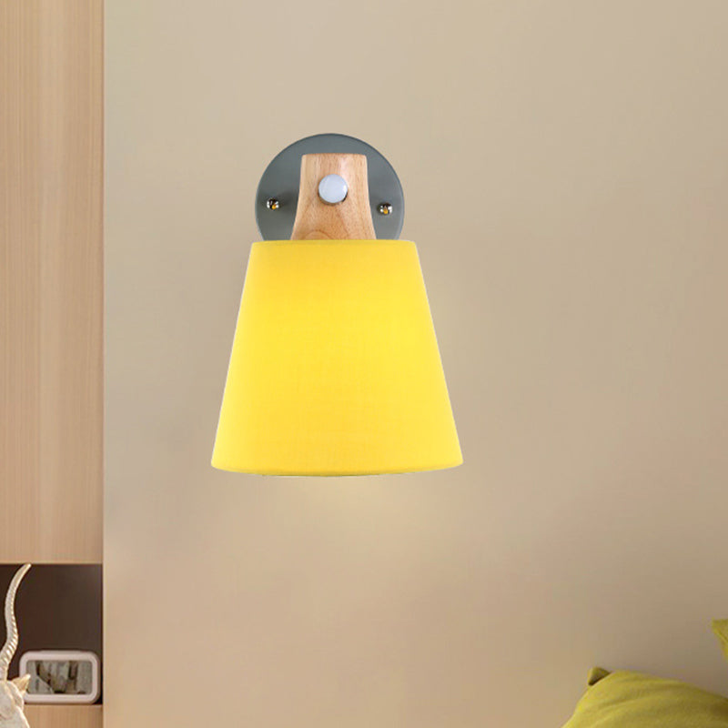 Conical Wall Light Fixture Macaron Fabric 1 Head Blue/White/Yellow Sconce Ideas with Straight Arm and Wood Lock Clearhalo 'Modern wall lights' 'Modern' 'Wall Lamps & Sconces' 'Wall Lights' Lighting' 1789571