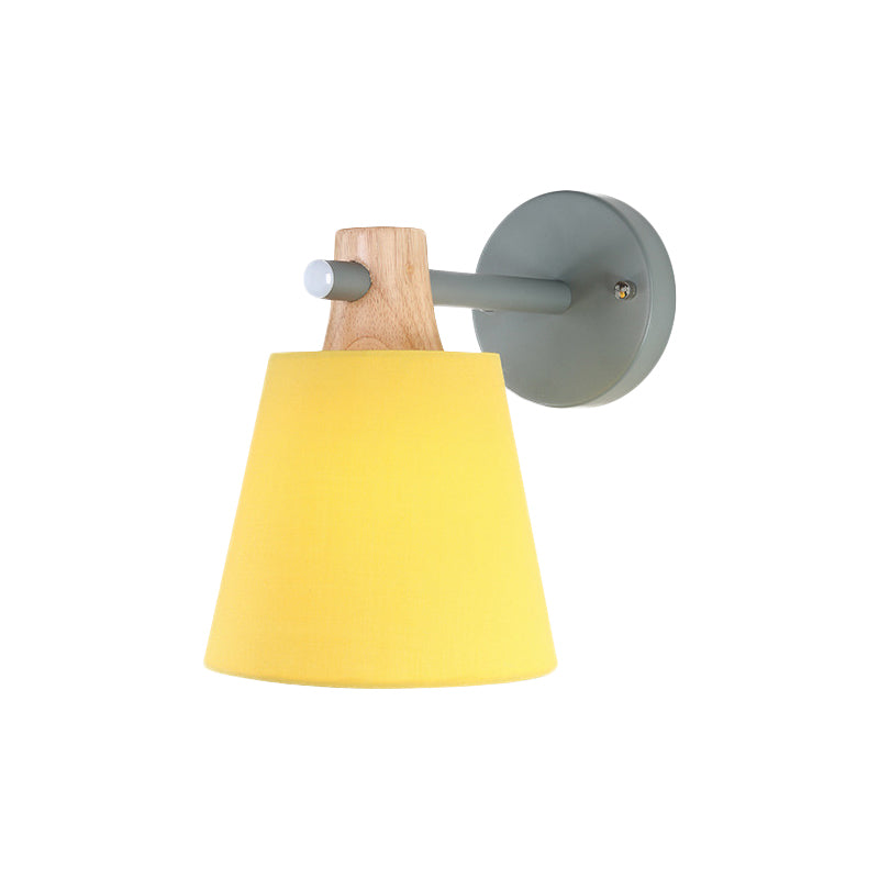 Conical Wall Light Fixture Macaron Fabric 1 Head Blue/White/Yellow Sconce Ideas with Straight Arm and Wood Lock Clearhalo 'Modern wall lights' 'Modern' 'Wall Lamps & Sconces' 'Wall Lights' Lighting' 1789573