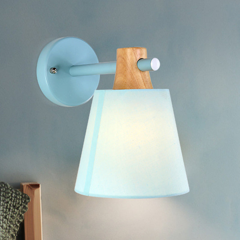 Conical Wall Light Fixture Macaron Fabric 1 Head Blue/White/Yellow Sconce Ideas with Straight Arm and Wood Lock Blue Clearhalo 'Modern wall lights' 'Modern' 'Wall Lamps & Sconces' 'Wall Lights' Lighting' 1789574