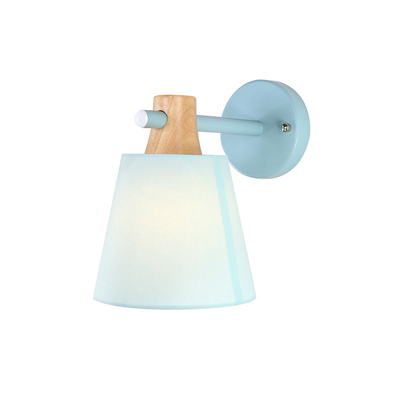 Conical Wall Light Fixture Macaron Fabric 1 Head Blue/White/Yellow Sconce Ideas with Straight Arm and Wood Lock Clearhalo 'Modern wall lights' 'Modern' 'Wall Lamps & Sconces' 'Wall Lights' Lighting' 1789577