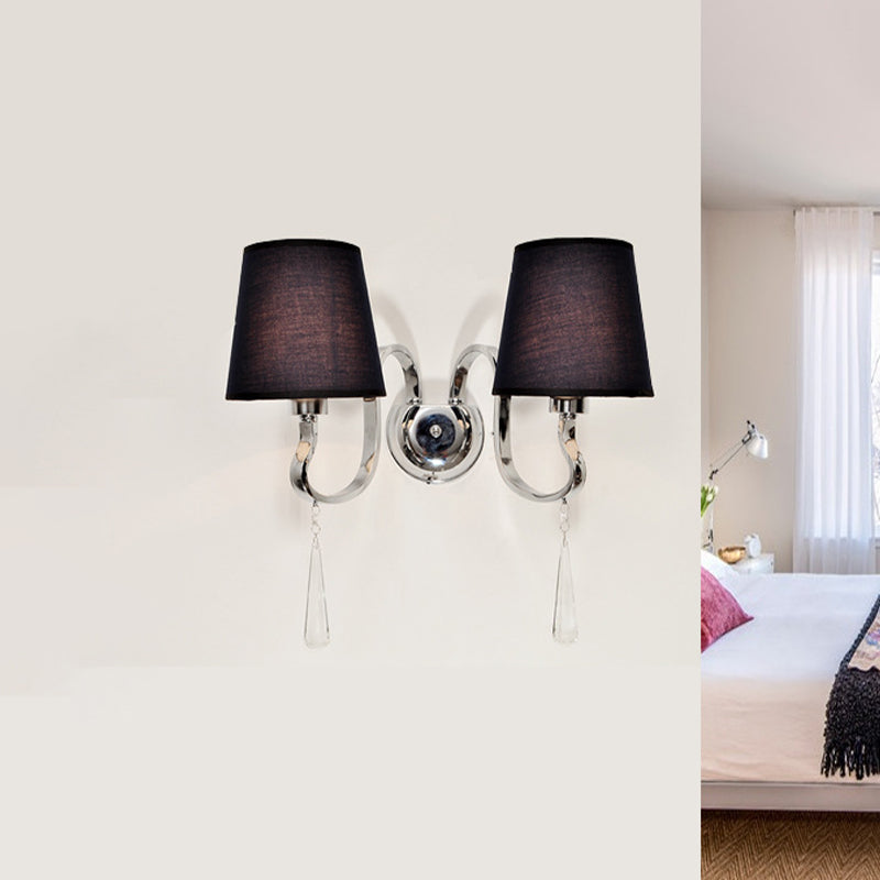 Black Taper Shade Wall Mount Light Modern 2-Bulb Fabric Sconce Fixture with Stainless Steel Wavy Arm and Crystal Drop Clearhalo 'Cast Iron' 'Glass' 'Industrial' 'Modern wall lights' 'Modern' 'Tiffany' 'Traditional wall lights' 'Wall Lamps & Sconces' 'Wall Lights' Lighting' 1789583