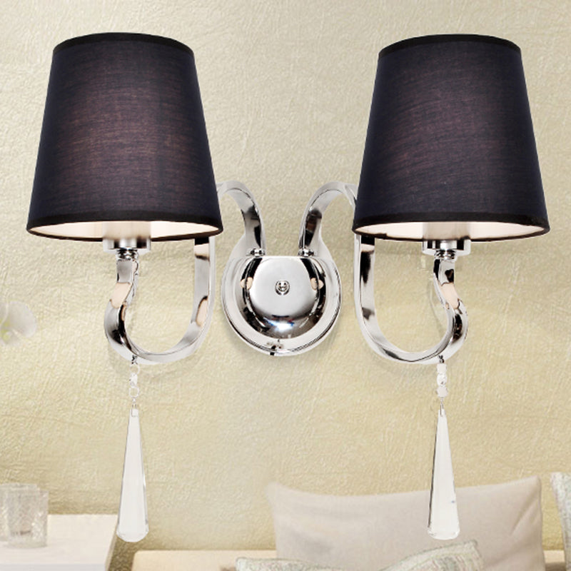Black Taper Shade Wall Mount Light Modern 2-Bulb Fabric Sconce Fixture with Stainless Steel Wavy Arm and Crystal Drop Black Clearhalo 'Cast Iron' 'Glass' 'Industrial' 'Modern wall lights' 'Modern' 'Tiffany' 'Traditional wall lights' 'Wall Lamps & Sconces' 'Wall Lights' Lighting' 1789584