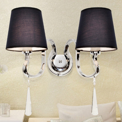 Black Taper Shade Wall Mount Light Modern 2-Bulb Fabric Sconce Fixture with Stainless Steel Wavy Arm and Crystal Drop Black Clearhalo 'Cast Iron' 'Glass' 'Industrial' 'Modern wall lights' 'Modern' 'Tiffany' 'Traditional wall lights' 'Wall Lamps & Sconces' 'Wall Lights' Lighting' 1789584