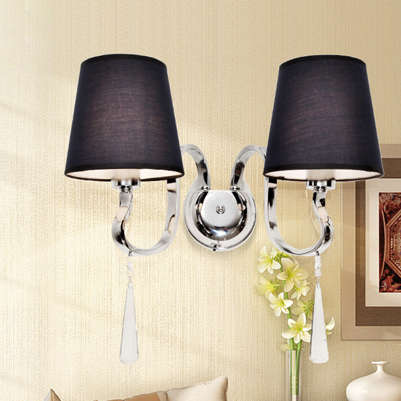 Black Taper Shade Wall Mount Light Modern 2-Bulb Fabric Sconce Fixture with Stainless Steel Wavy Arm and Crystal Drop Clearhalo 'Cast Iron' 'Glass' 'Industrial' 'Modern wall lights' 'Modern' 'Tiffany' 'Traditional wall lights' 'Wall Lamps & Sconces' 'Wall Lights' Lighting' 1789585