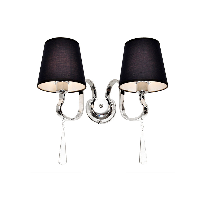 Black Taper Shade Wall Mount Light Modern 2-Bulb Fabric Sconce Fixture with Stainless Steel Wavy Arm and Crystal Drop Clearhalo 'Cast Iron' 'Glass' 'Industrial' 'Modern wall lights' 'Modern' 'Tiffany' 'Traditional wall lights' 'Wall Lamps & Sconces' 'Wall Lights' Lighting' 1789586