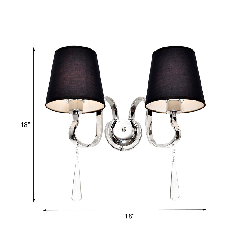 Black Taper Shade Wall Mount Light Modern 2-Bulb Fabric Sconce Fixture with Stainless Steel Wavy Arm and Crystal Drop Clearhalo 'Cast Iron' 'Glass' 'Industrial' 'Modern wall lights' 'Modern' 'Tiffany' 'Traditional wall lights' 'Wall Lamps & Sconces' 'Wall Lights' Lighting' 1789587