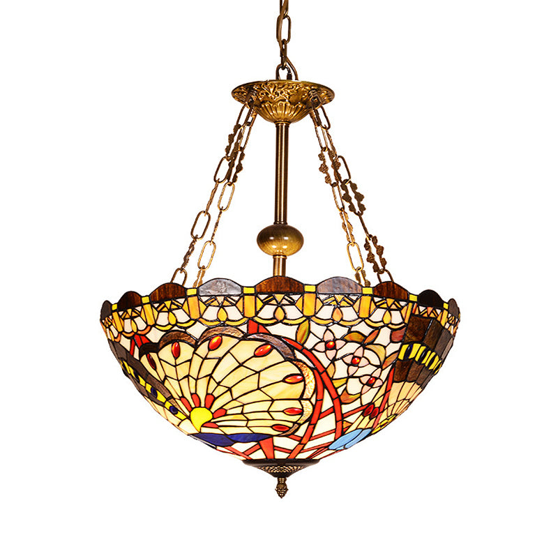Stained Glass Peacock Pendant Light Foyer Tiffany Vintage Chandelier Light in Brass Finish Clearhalo 'Ceiling Lights' 'Chandeliers' 'Industrial' 'Middle Century Chandeliers' 'Pendant Lights' 'Tiffany Chandeliers' 'Tiffany close to ceiling' 'Tiffany' Lighting' 178959